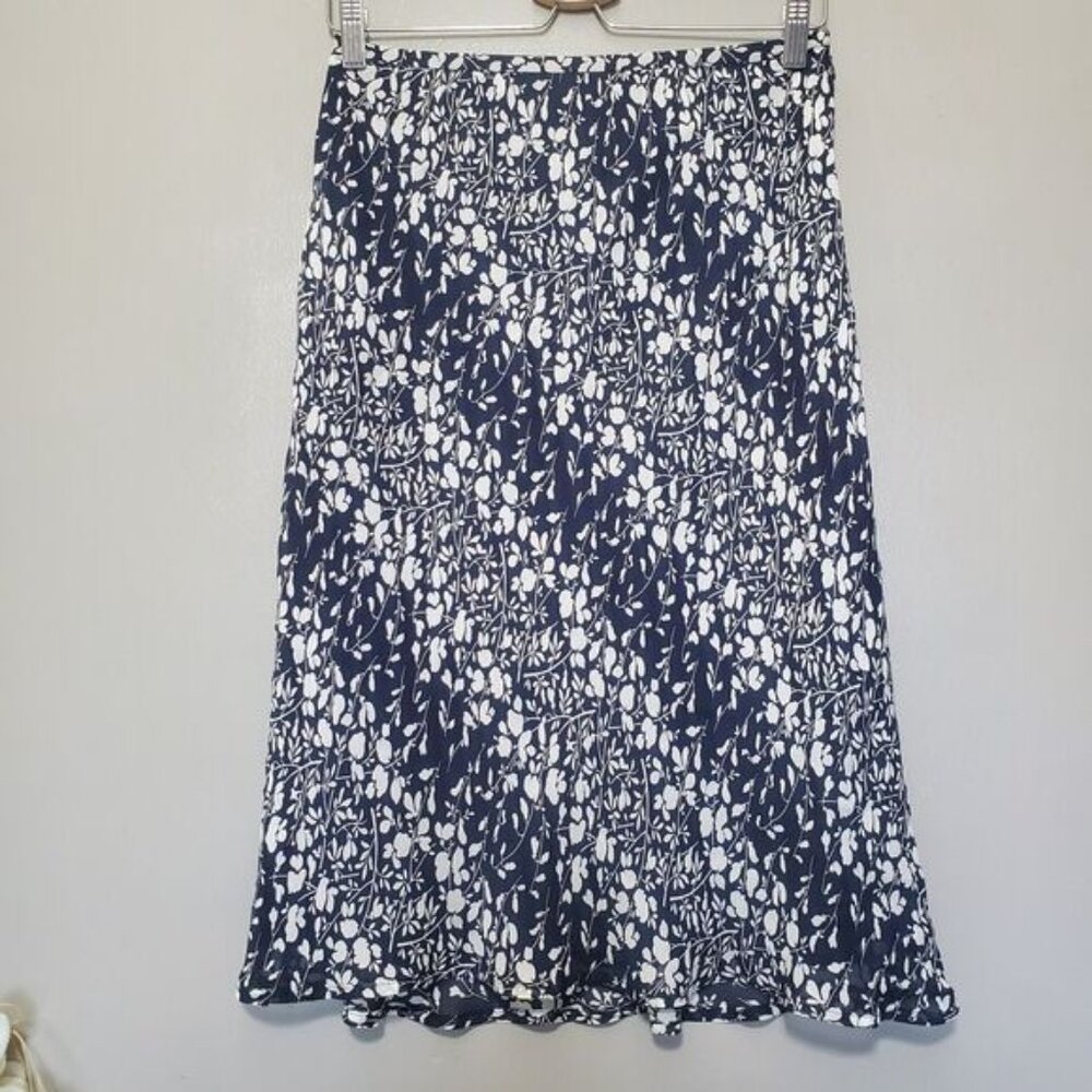 Anne Klein Silk Skirt Women's Size 4 Black Gray Floral Print Lined Midi